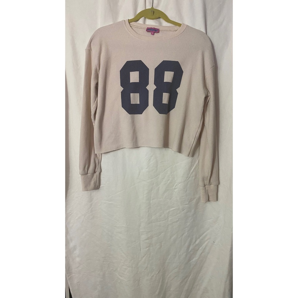 Edikted Cream Waffle Knit Cropped Long Sleeve Graphic Thermal Top 88 Navy XS